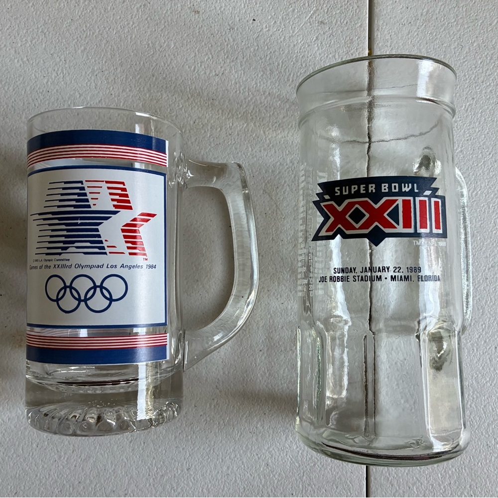 1989 Fisher Peanuts Vintage Super Bowl. 1984 Los Angeles 1984 Olympic Glass Mug